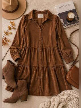 Pinch Corduroy Tiered Shirt Dress Brown Button Front Mini Small